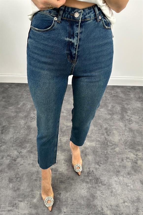 Premium Kalite Paçası Kesik Toparlayıcı Boyfit Jean Tintli Dark Blue 1014