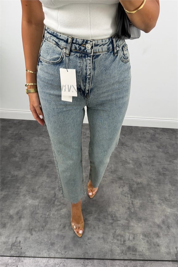 Premium Kalite Paçası Kesik Toparlayıcı Boyfit Jean Vintage Mavi 1018   