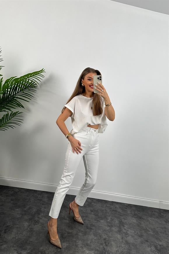 Premium Kalite Paçası Kesik Toparlayıcı Boyfit Jean Beyaz