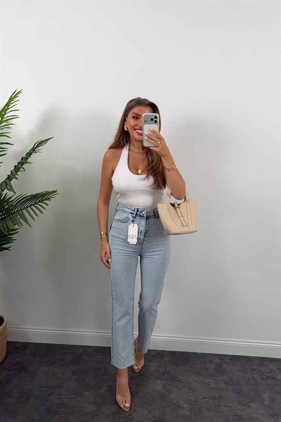 Premium Kalite Paçası Kesik Toparlayıcı Boyfit Jean Yıkamalı Mavi 1006 