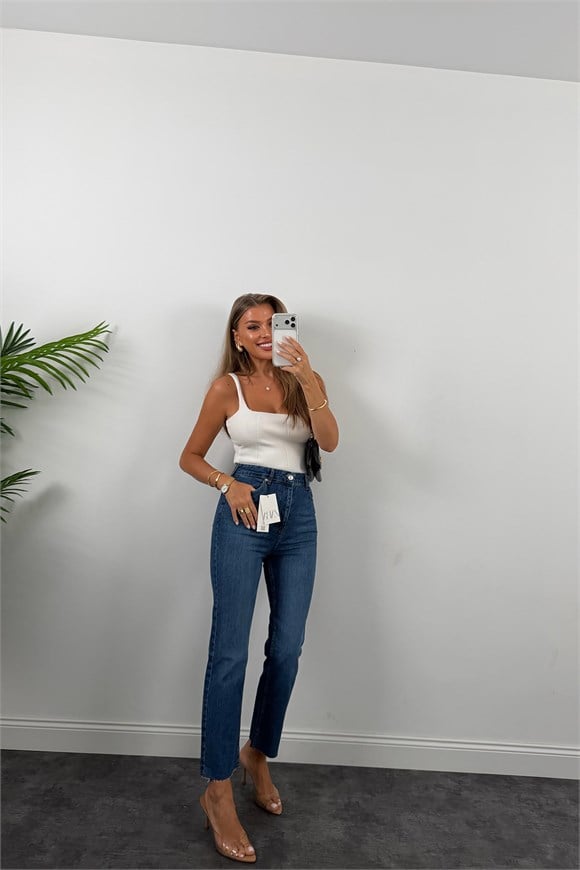 Premium Kalite Paçası Kesik Toparlayıcı Boyfit Jean Vintage Dark Blue 1020  
