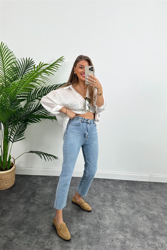 Premium Kalite Paçası Kesik Toparlayıcı Boyfit Jean 520 Mavi  1001