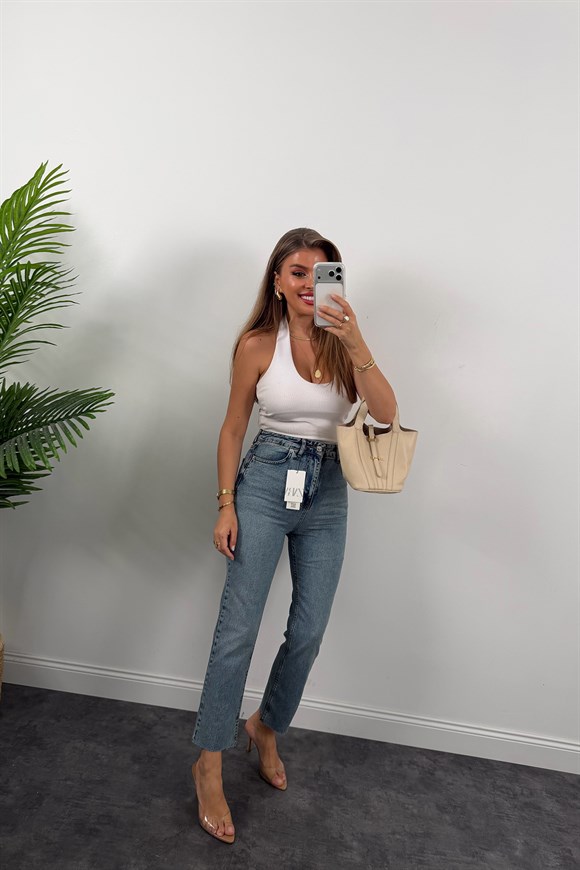 Premium Kalite Paçası Kesik Toparlayıcı Boyfit Jean Vintage Orta Mavi 1019