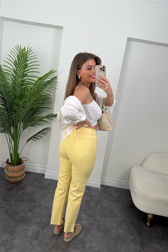Premium Kalite Paçası Kesik Toparlayıcı Boyfit Jean Sarı