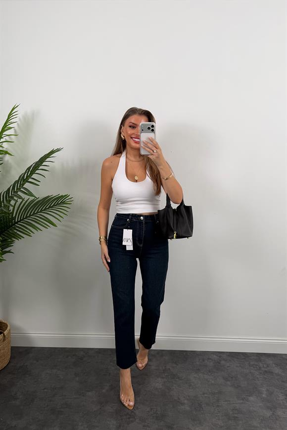 Premium Kalite Paçası Kesik Toparlayıcı Boyfit Jean Dark Blue 1021