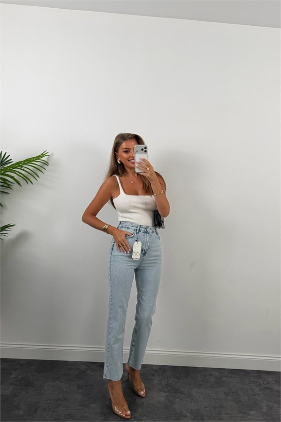 Premium Kalite Paçası Kesik Toparlayıcı Boyfit Jean Yıkamalı Mavi 1006  