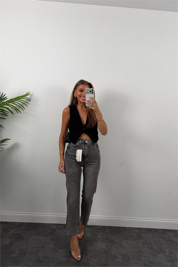 Premium Kalite Paçası Kesik Toparlayıcı Boyfit Jean Gri