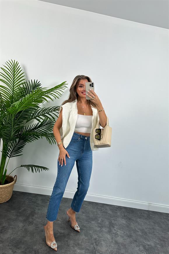 Premium Kalite Paçası Kesik Toparlayıcı Boyfit Jean Orta Mavi 1002