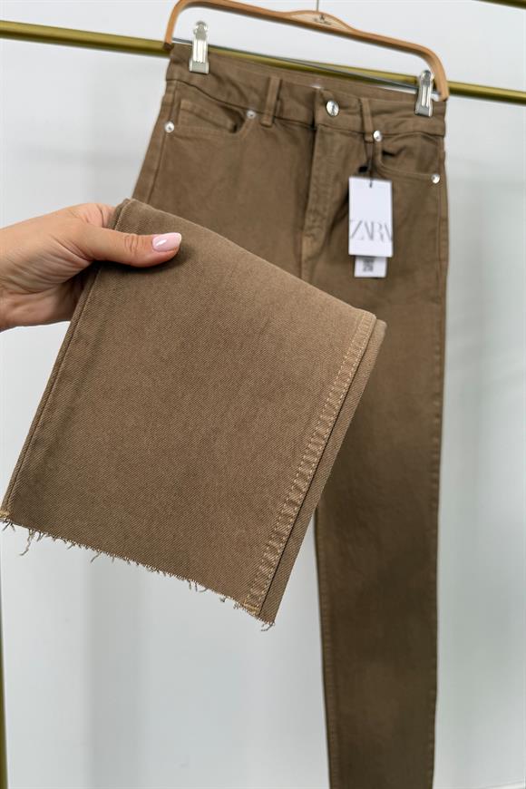 Premium Kalite Paçası Kesik Toparlayıcı Boyfit Jean Eskitme Açık Kahve