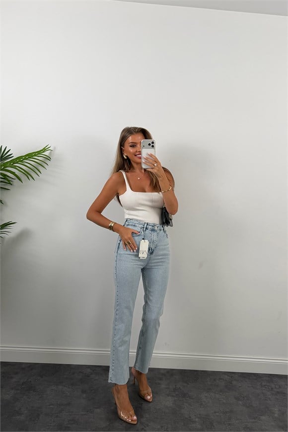 Premium Kalite Paçası Kesik Toparlayıcı Boyfit Jean Yıkamalı Mavi 1006  