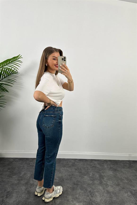 Premium Kalite Paçası Kesik Toparlayıcı Boyfit Jean Tintli Dark Blue 1014