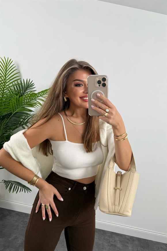 Premium Kalite Paçası Kesik Toparlayıcı Boyfit Jean Kahverengi