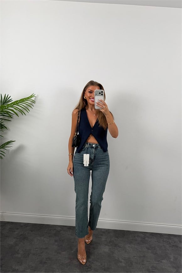 Premium Kalite Paçası Kesik Toparlayıcı Boyfit Jean Vintage Orta Mavi 1019 