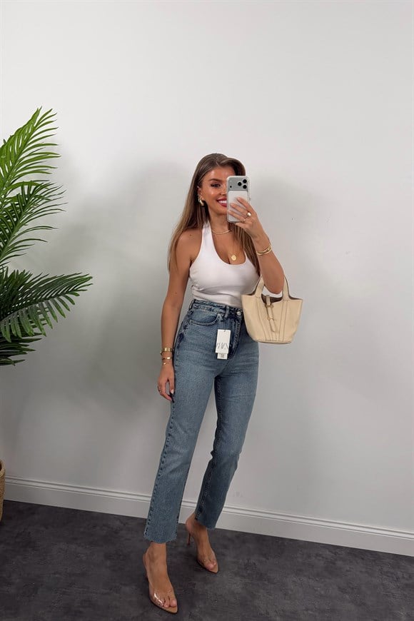 Premium Kalite Paçası Kesik Toparlayıcı Boyfit Jean Vintage Orta Mavi 1019