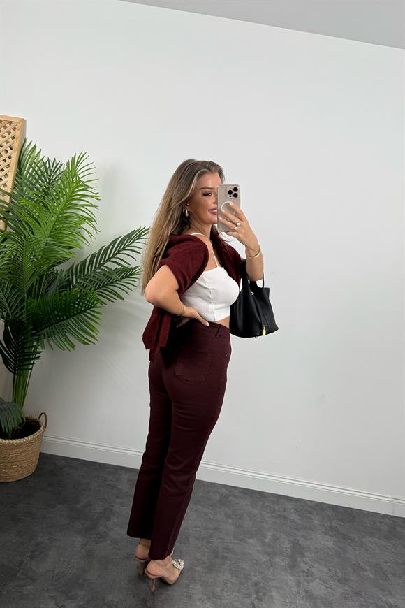 Premium Kalite Paçası Kesik Likralı Boyfit Jean Bordo