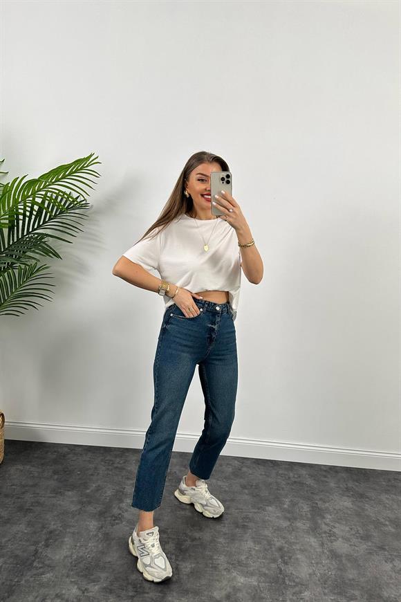 Premium Kalite Paçası Kesik Toparlayıcı Boyfit Jean Tintli Dark Blue 1014