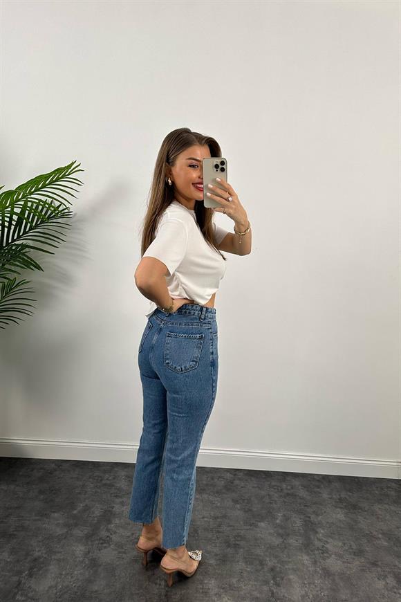 Premium Kalite Paçası Kesik Toparlayıcı Boyfit Jean Klasik Mavi 1004