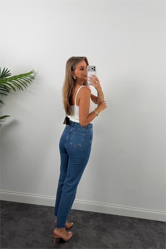 Premium Kalite Paçası Kesik Toparlayıcı Boyfit Jean Orta Mavi 1002 
