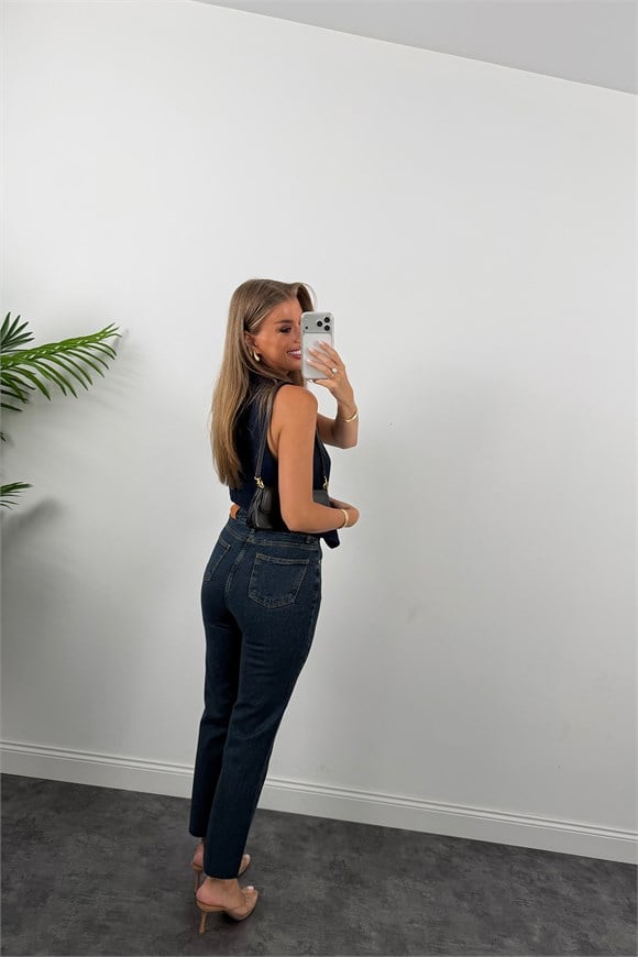 Premium Kalite Paçası Kesik Toparlayıcı Boyfit Jean Tintli Dark Blue 1014  