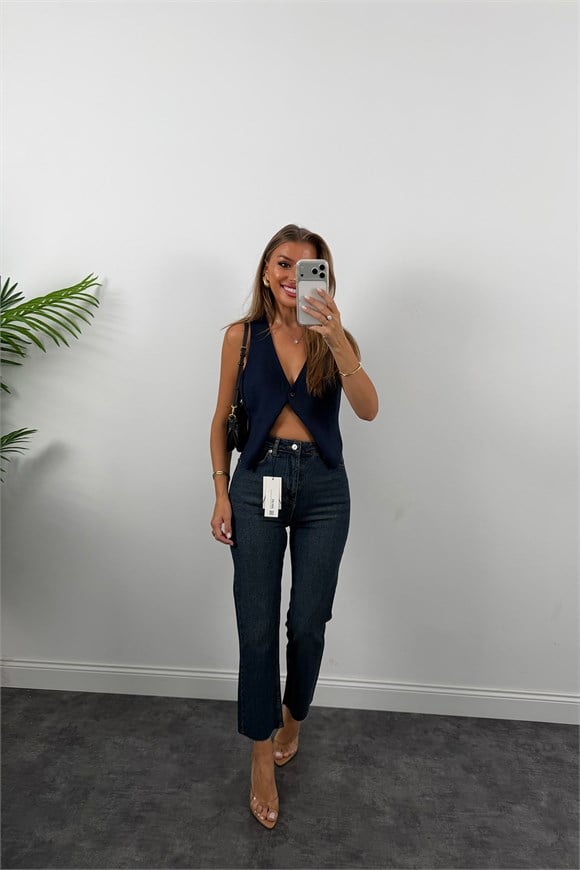 Premium Kalite Paçası Kesik Toparlayıcı Boyfit Jean Tintli Dark Blue 1014  