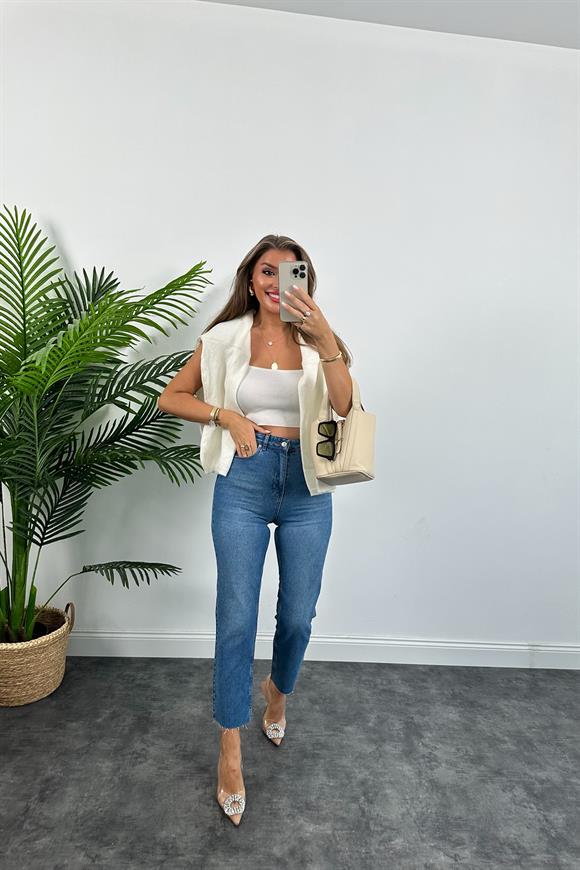 Premium Kalite Paçası Kesik Toparlayıcı Boyfit Jean Orta Mavi 1002