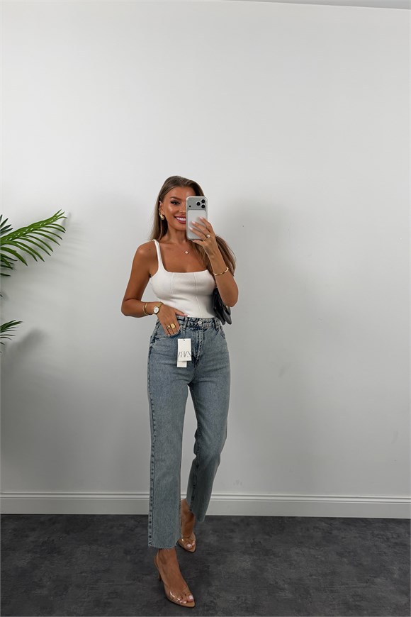 Premium Kalite Paçası Kesik Toparlayıcı Boyfit Jean Vintage Mavi 1018   