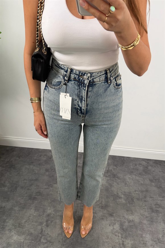 Premium Kalite Paçası Kesik Toparlayıcı Boyfit Jean Vintage Mavi 1018  