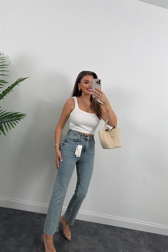 Premium Kalite Paçası Kesik Toparlayıcı Boyfit Jean Vintage Mavi 1018 