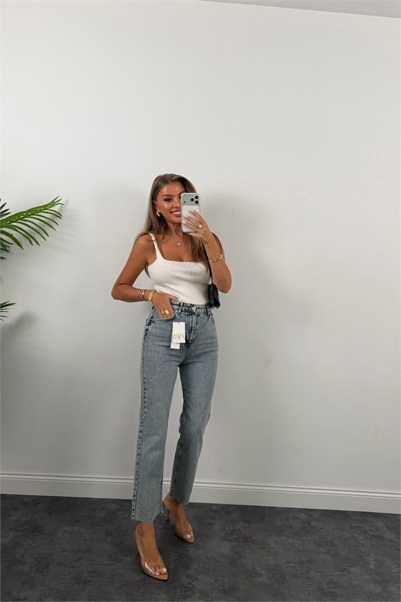 Premium Kalite Paçası Kesik Toparlayıcı Boyfit Jean Vintage Mavi 1018   