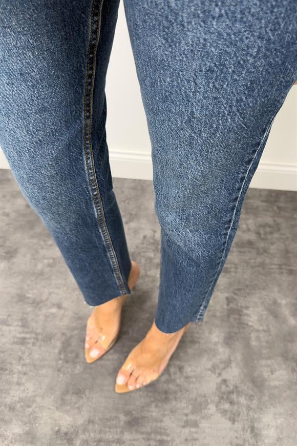 Premium Kalite Paçası Kesik Toparlayıcı Boyfit Jean Vintage Dark Blue 1020