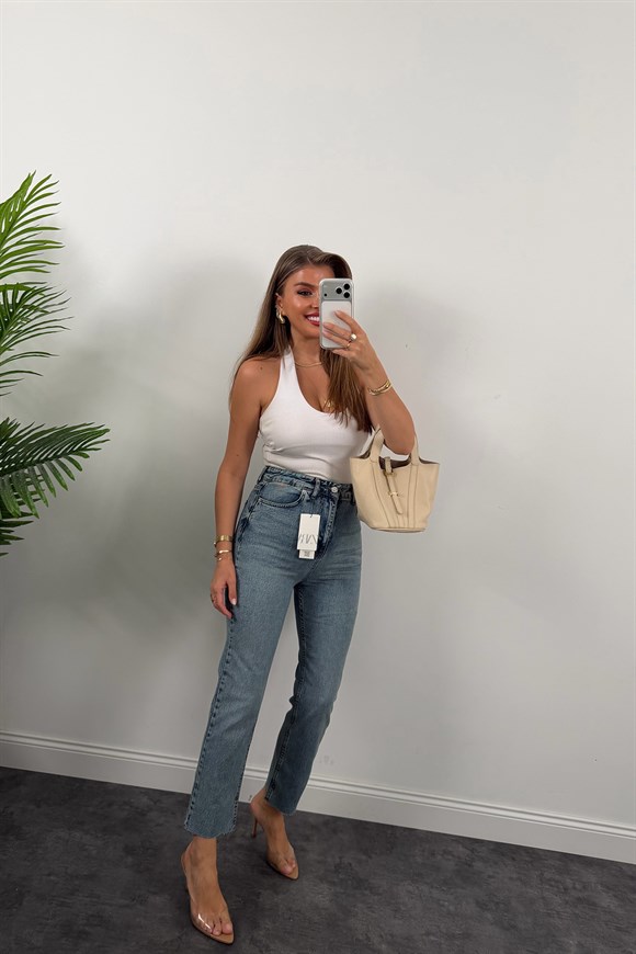 Premium Kalite Paçası Kesik Toparlayıcı Boyfit Jean Vintage Orta Mavi 1019