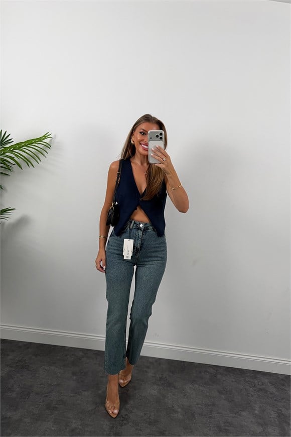 Premium Kalite Paçası Kesik Toparlayıcı Boyfit Jean Vintage Orta Mavi 1019 