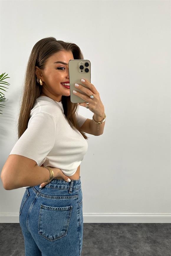 Premium Kalite Paçası Kesik Toparlayıcı Boyfit Jean Klasik Mavi 1004