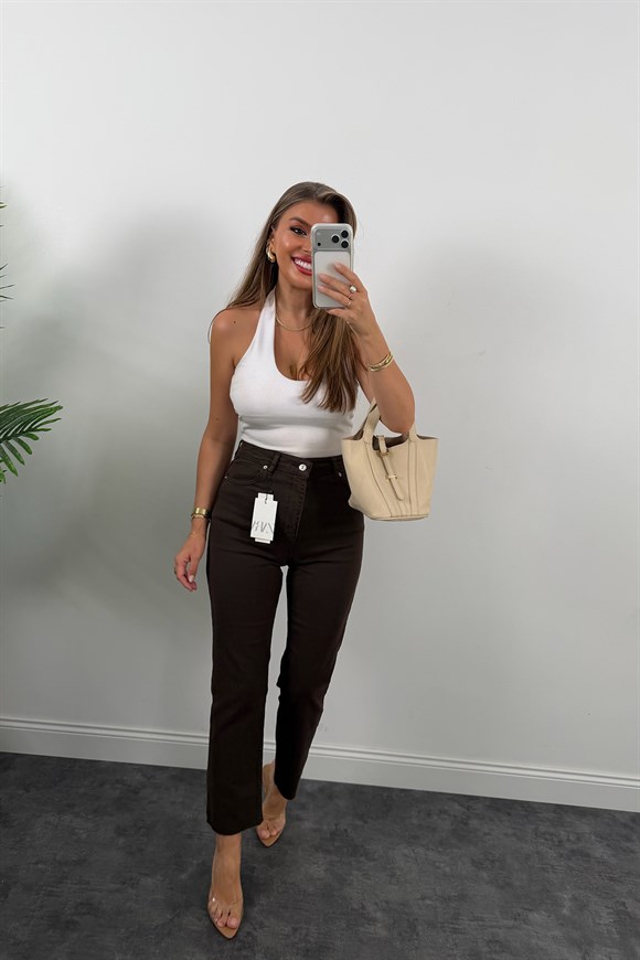 Premium Kalite Paçası Kesik Toparlayıcı Boyfit Jean Acı Kahve 