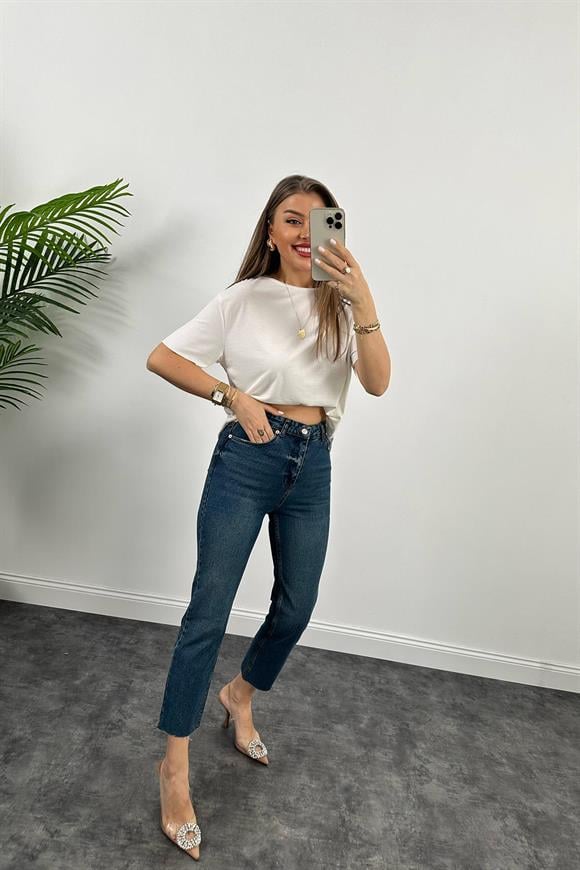 Premium Kalite Paçası Kesik Toparlayıcı Boyfit Jean Tintli Dark Blue 1014