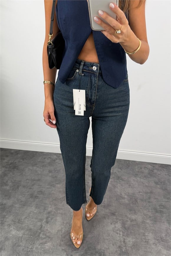 Premium Kalite Paçası Kesik Toparlayıcı Boyfit Jean Tintli Dark Blue 1014  