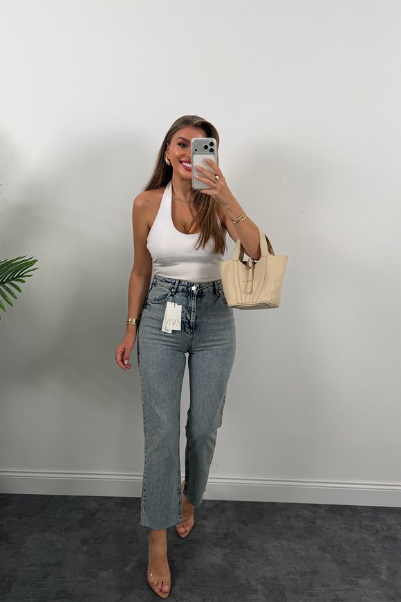 Premium Kalite Paçası Kesik Toparlayıcı Boyfit Jean Vintage Mavi 1018  