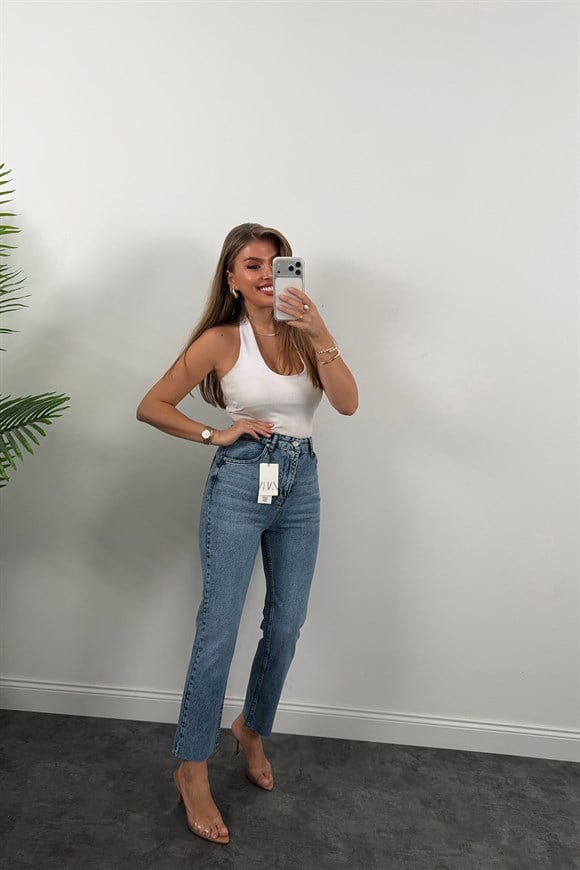 Premium Kalite Paçası Kesik Toparlayıcı Boyfit Jean Klasik Mavi 1004 