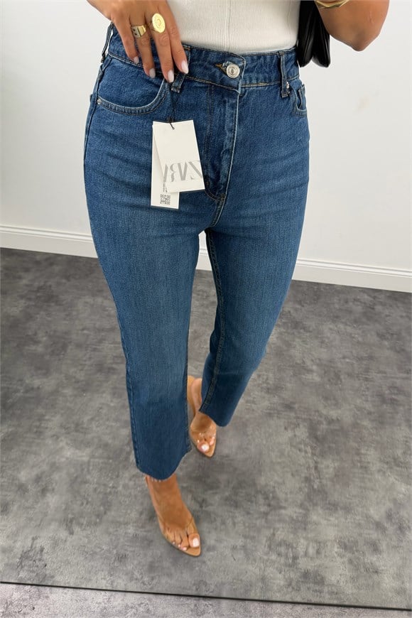 Premium Kalite Paçası Kesik Toparlayıcı Boyfit Jean Vintage Dark Blue 1020  