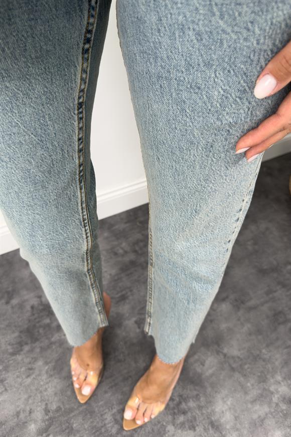 Premium Kalite Paçası Kesik Toparlayıcı Boyfit Jean Vintage Mavi 1018 