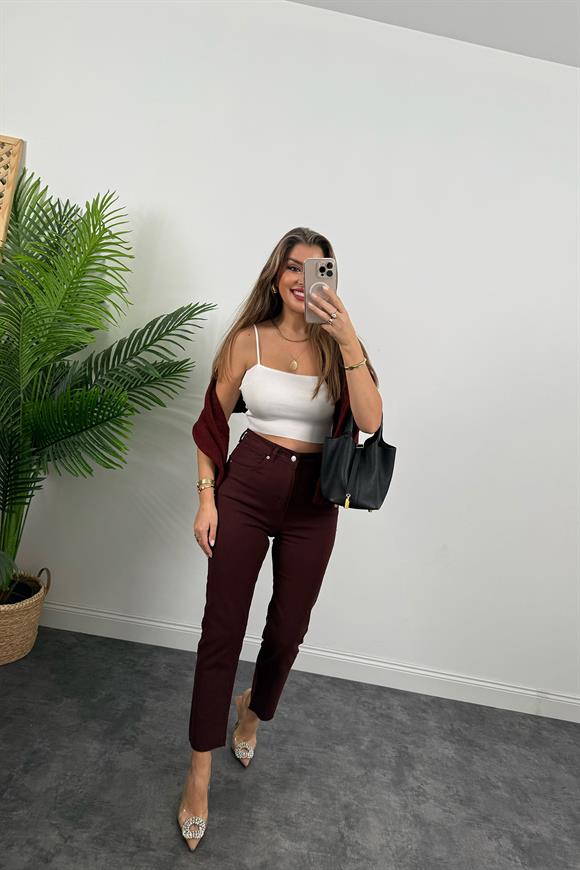 Premium Kalite Paçası Kesik Likralı Boyfit Jean Bordo