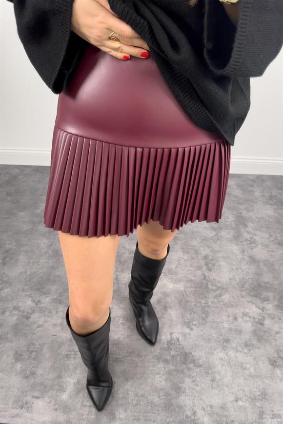 Premium Kalite Pliseli Deri Etek Bordo 