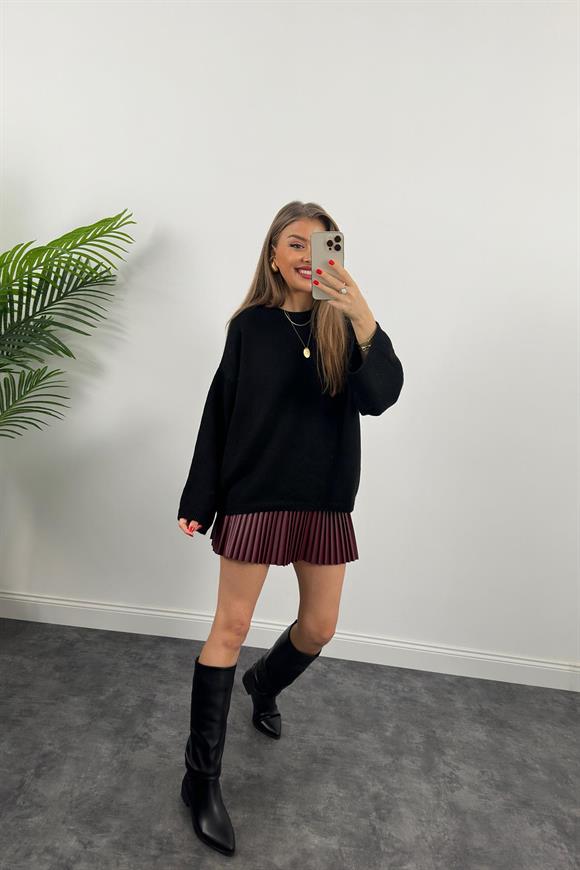 Premium Kalite Pliseli Deri Etek Bordo 