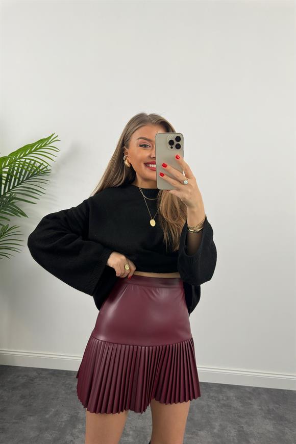 Premium Kalite Pliseli Deri Etek Bordo 