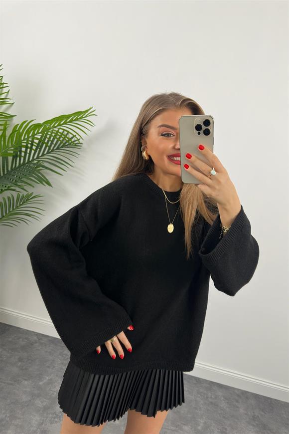 Premium Kalite Pliseli Deri Etek Siyah 