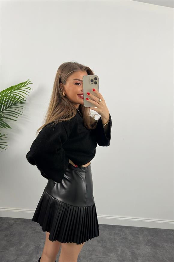 Premium Kalite Pliseli Deri Etek Siyah 