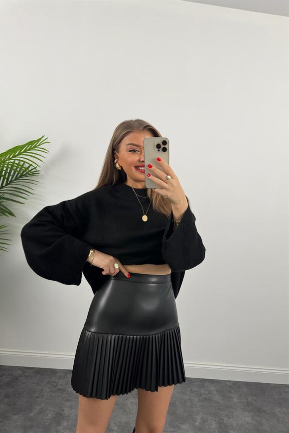 Premium Kalite Pliseli Deri Etek Siyah 