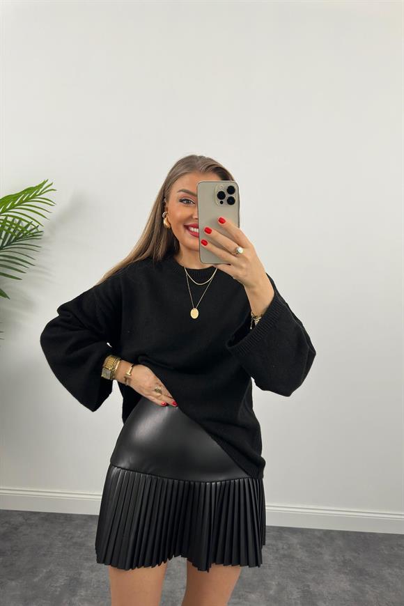 Premium Kalite Pliseli Deri Etek Siyah 