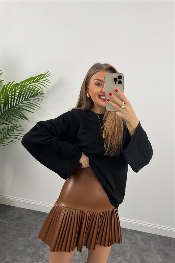 Premium Kalite Pliseli Deri Etek Taba 