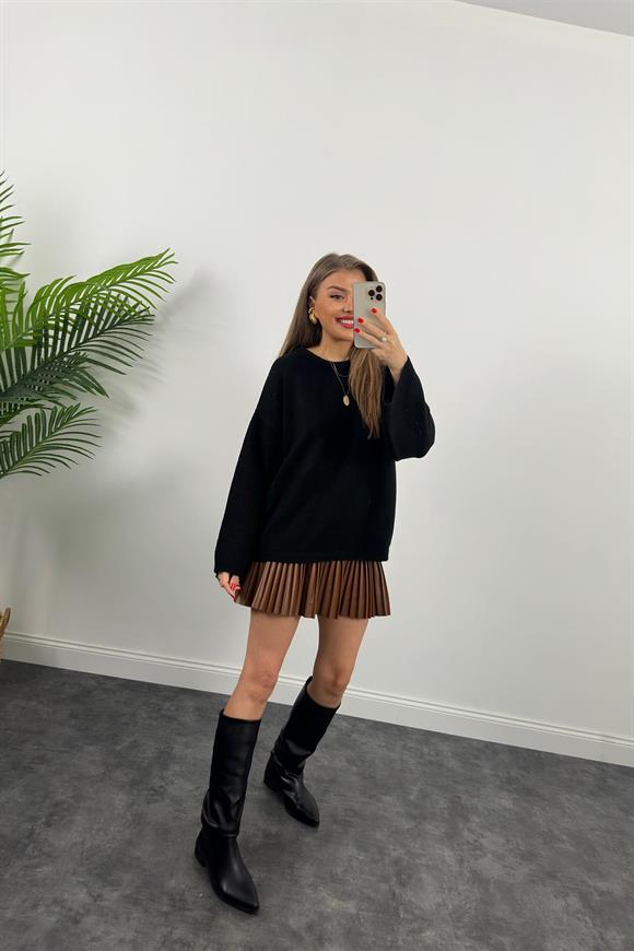 Premium Kalite Pliseli Deri Etek Taba 